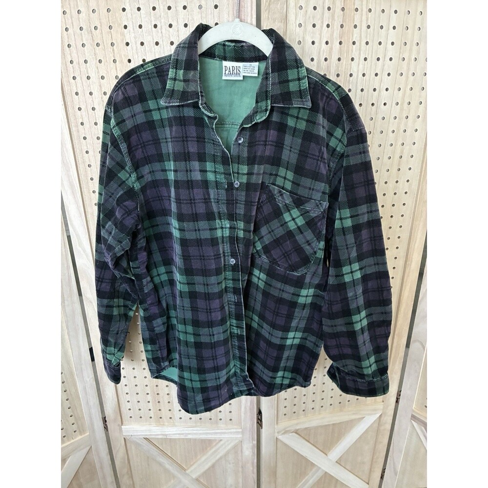 Vintage 90s Y2K Paris Sport Club Plaid Shirt Top Sz M Cotton Collar Button Down